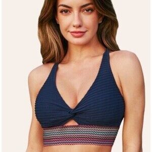 Cupshe Women's M Blue Textured Rainbow Halter Crop Swim Top Padded